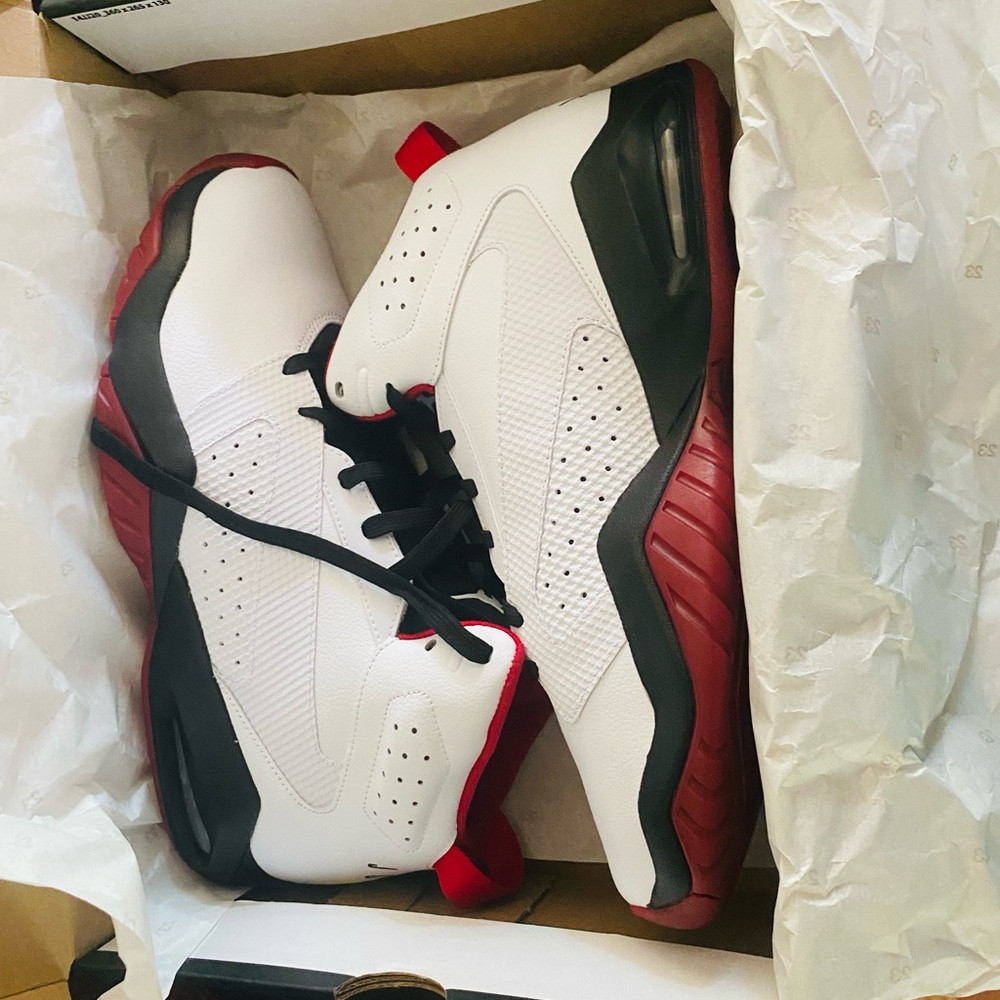 White black and red Jordans